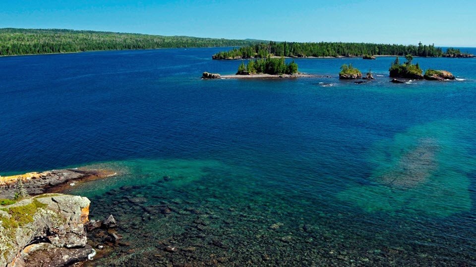 View of several small islands off the shore of Isle Royale National Park
