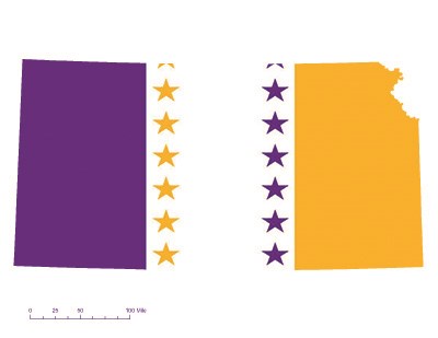 Kansas state overlaid with the purple, white, and gold suffrage flag
