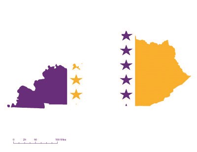 State of Kentucky overlaid with the purple, white, and gold suffrage flag
