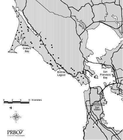 Map showing inventory transect locations distributed throughout Point Reyes and Golden Gate.