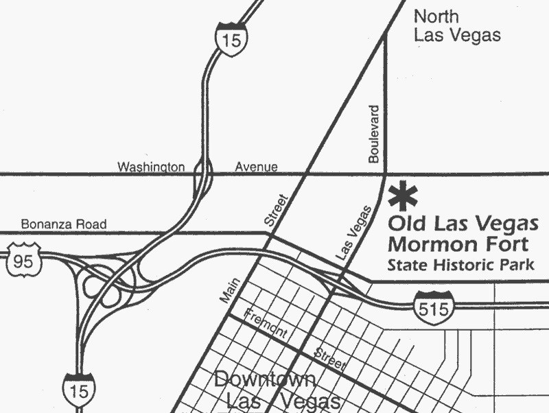 Map of the Mormon Fort and its location in modern Las Vegas.