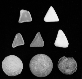 Three spherical clay marbles and five water worn triangular shaped pieces of glass and pottery.