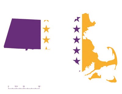 Massachusetts overlaid with the purple, white, and gold suffrage flag