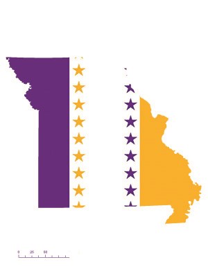 State of Missouri depicted in purple, white, and gold (colors of the National Woman’s Party suffrage flag) – indicating Missouri was one of the original 36 states to ratify the 19th Amendment. Courtesy Megan Springate.