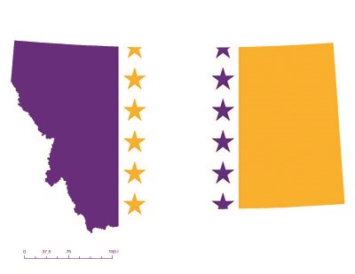 State of Montana depicted in purple, white, and gold (colors of the National Woman’s Party suffrage flag) – indicating Montana was one of the original 36 states to ratify the 19th Amendment. Courtesy Megan Springate.
