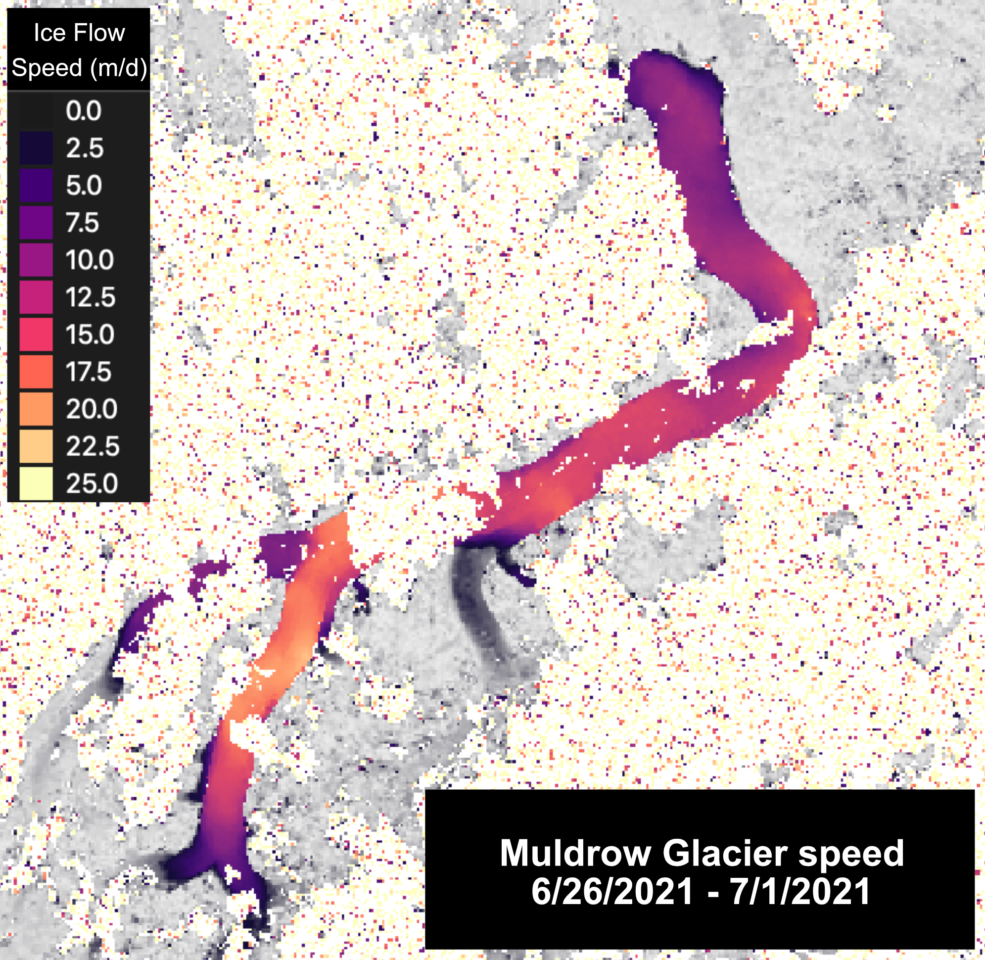 satellite image of a glacier with color scale illustrating relative movement