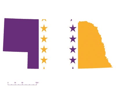 State of Nebraska depicted in purple, white, and gold (colors of the National Woman’s Party suffrage flag) – indicating Nebraska was one of the original 36 states to ratify the 19th Amendment. Courtesy Megan Springate.