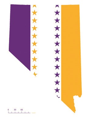 State of Nevada depicted in purple, white, and gold (colors of the National Woman’s Party suffrage flag) – indicating Nevada was one of the original 36 states to ratify the 19th Amendment. Courtesy Megan Springate.