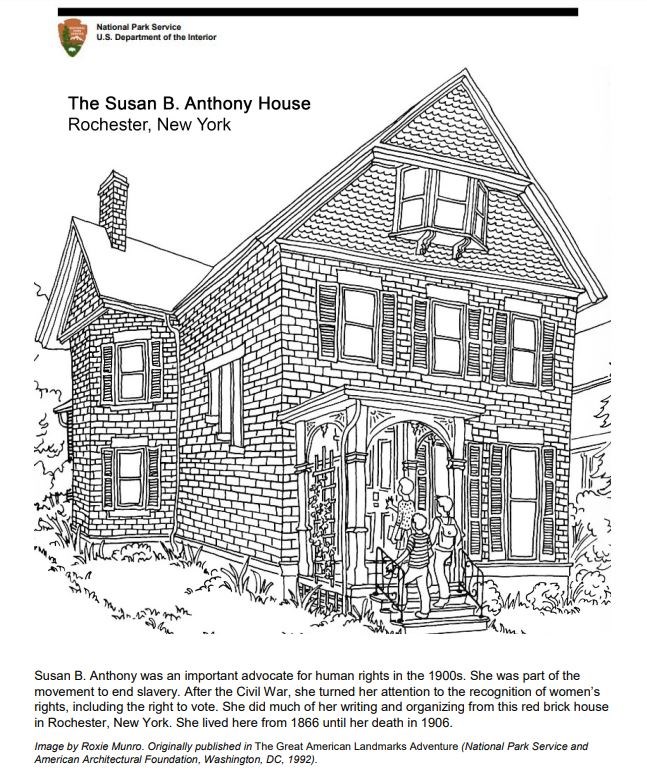 Coloring-page of the Susan B. Anthony House in New York.