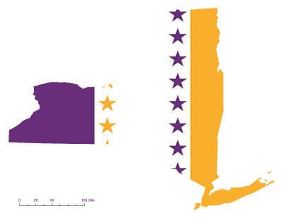 State of New York depicted in purple, white, and gold (colors of the National Woman’s Party suffrage flag) – indicating New York was one of the original 36 states to ratify the 19th Amendment. Courtesy Megan Springate.