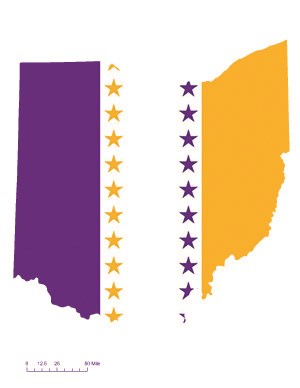 State of Ohio depicted in purple, white, and gold (colors of the National Woman’s Party suffrage flag) – indicating Ohio was one of the original 36 states to ratify the 19th Amendment. Courtesy Megan Springate.