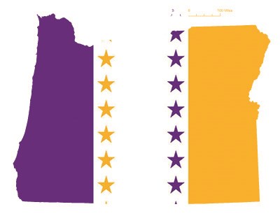 State of Oregon depicted in purple, white, and gold (colors of the National Woman’s Party suffrage flag) – indicating Oregon was one of the original 36 states to ratify the 19th Amendment. Courtesy Megan Springate.