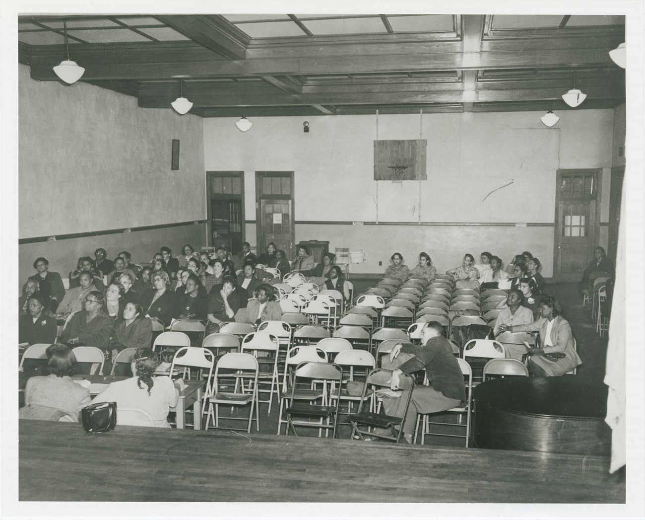 Auditorium at Robert Russa Moton High School, Farmville , Virginia with students sitting in seats. Courtesy National Archives.