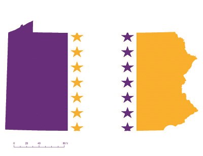 State of Pennsylvania depicted in purple, white, and gold (colors of the National Woman’s Party suffrage flag) – indicating Pennsylvania was one of the original 36 states to ratify the 19th Amendment. Courtesy Megan Springate.