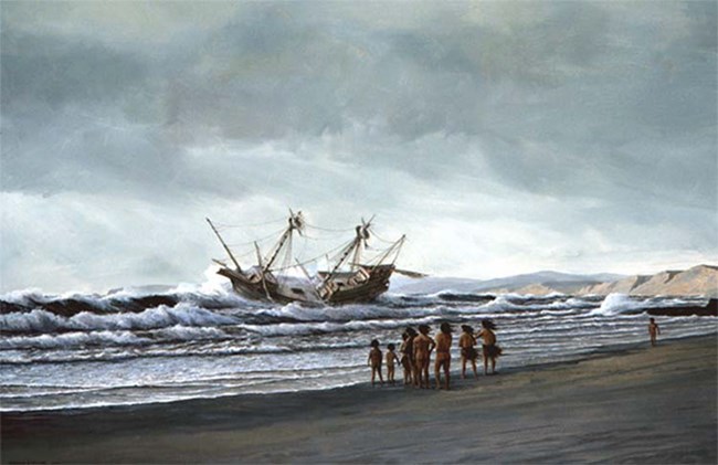 Native people watch shipwreck founder in surf.