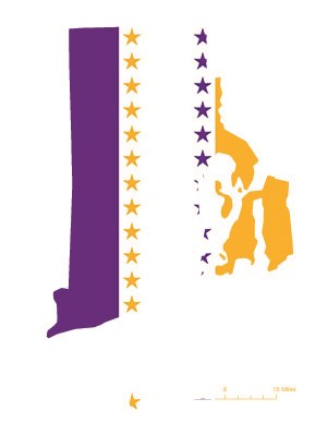 State of Rhode Island depicted in purple, white, and gold (colors of the National Woman’s Party suffrage flag) – indicating Rhode Island was one of the original 36 states to ratify the 19th Amendment. Courtesy Megan Springate.