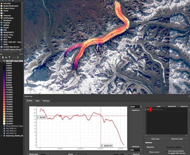 screenshot of a computer program featuring a satellite image of a glacier with color overlay indicating change in height