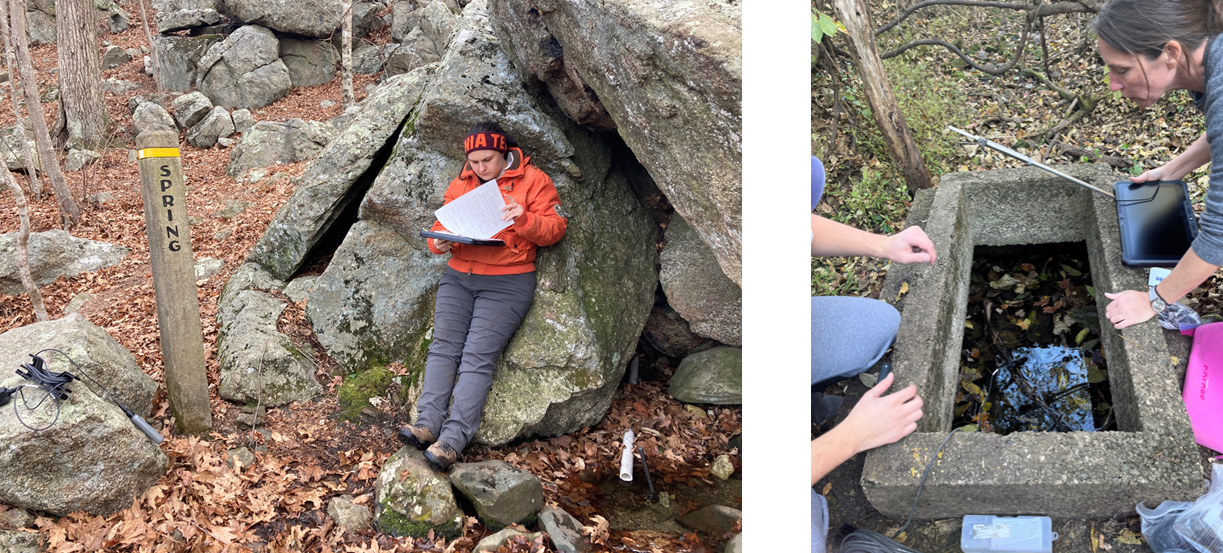 A researcher holding datasheets, standing in between a wooden post that says “Spring” and a small spring with a white pipe running to it (left). Two researchers next to a gray box filled with water (right). One of the researchers is looking into the box.