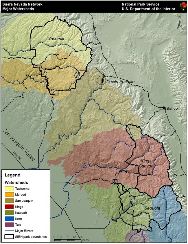 Map of the southern Sierra Nevada showing the national park boundaries and the seven major watersheds designated by different colors.