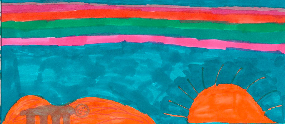 Child's brightly colored drawing of Lake Michigan from atop a dune