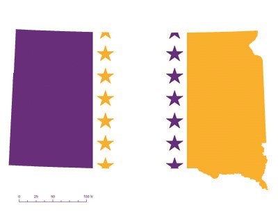 State of South Dakota depicted in purple, white, and gold (colors of the National Woman’s Party suffrage flag) – indicating South Dakota was one of the original 36 states to ratify the 19th Amendment. Courtesy Megan Springate.