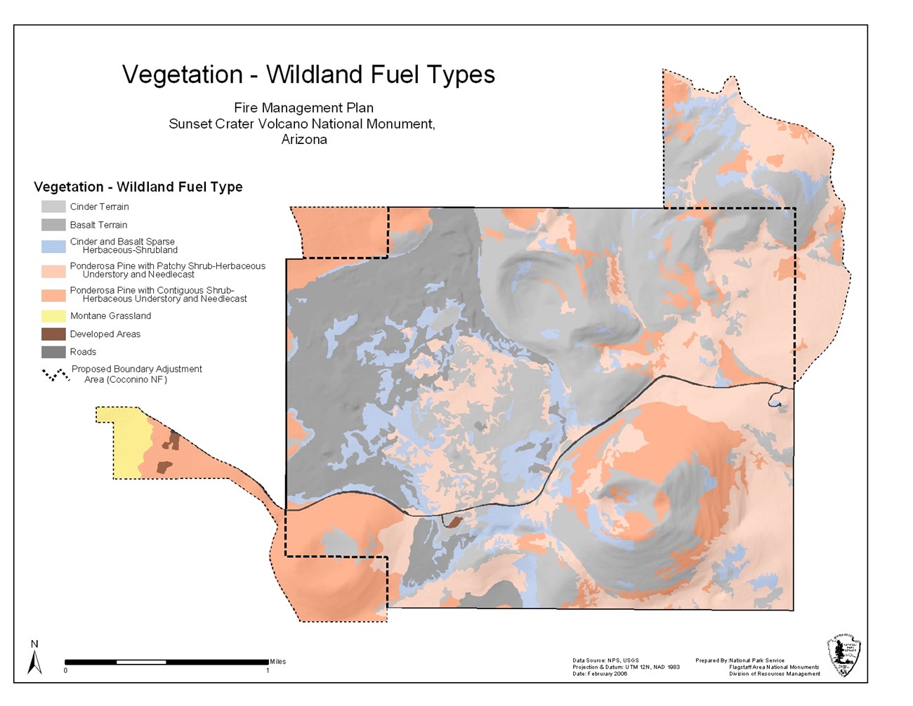 Map of Sunset Crater Volcano National Monument showing different wildland fuel types with legend on the left and scale and compass direction on the bottom left.