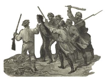 A group of men with muskets have tarred and feathered the tax collector.