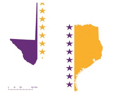State of Texas depicted in purple, white, and gold (colors of the National Woman’s Party suffrage flag) – indicating Texas was one of the original 36 states to ratify the 19th Amendment. Courtesy Megan Springate.
