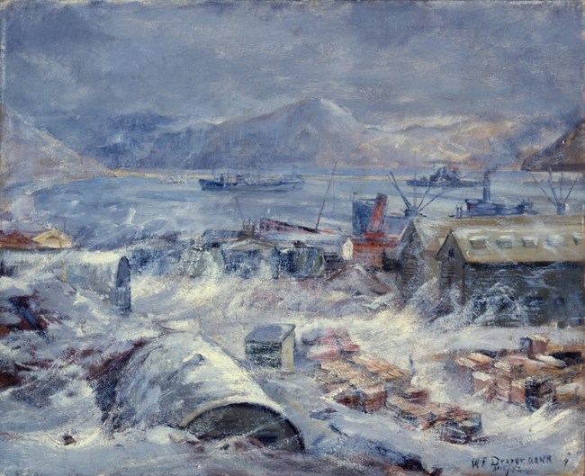 Oil painting of blizzard conditions, with buildings obscured by blowing snow.