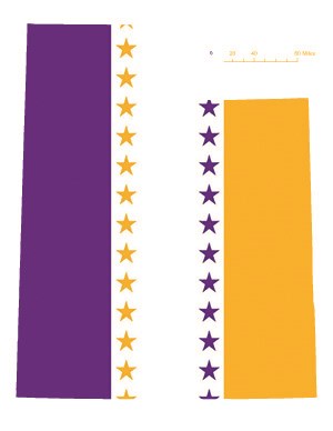 State of Utah depicted in purple, white, and gold (colors of the National Woman’s Party suffrage flag) – indicating Utah was one of the original 36 states to ratify the 19th Amendment. Courtesy Megan Springate.