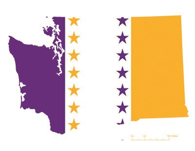 State of Washington depicted in purple, white, and gold (colors of the National Woman’s Party suffrage flag) – indicating Washington was one of the original 36 states to ratify the 19th Amendment. Courtesy Megan Springate.