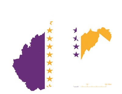 State of West Virginia depicted in purple, white, and gold (colors of the National Woman’s Party suffrage flag) – indicating West Virginia was one of the original 36 states to ratify the 19th Amendment. Courtesy Megan Springate.