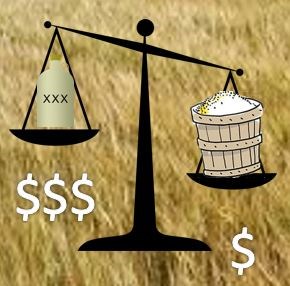 Scales showing whiskey being lighter and more valuable on one side and grain being heavier and less valuable on the other