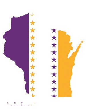 State of Wisconsin depicted in purple, white, and gold (colors of the National Woman’s Party suffrage flag) – indicating Wisconsin was one of the original 36 states to ratify the 19th Amendment. Courtesy Megan Springate.