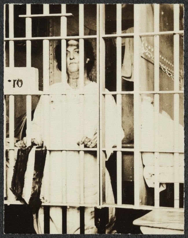 Helena Hill Weed of Connecticut serving a 3 day sentence in a D.C. prison for carrying banner reading, "Governments derive their just powers from the consent of the governed." (July, 1917) Library of Congress, Records of the National Woman's Party https:/