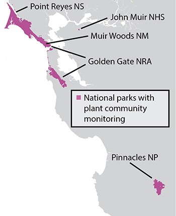 Map showing that plant community surveys occur in PINN, PORE, GOGA, MUWO, and John Muir NHS.