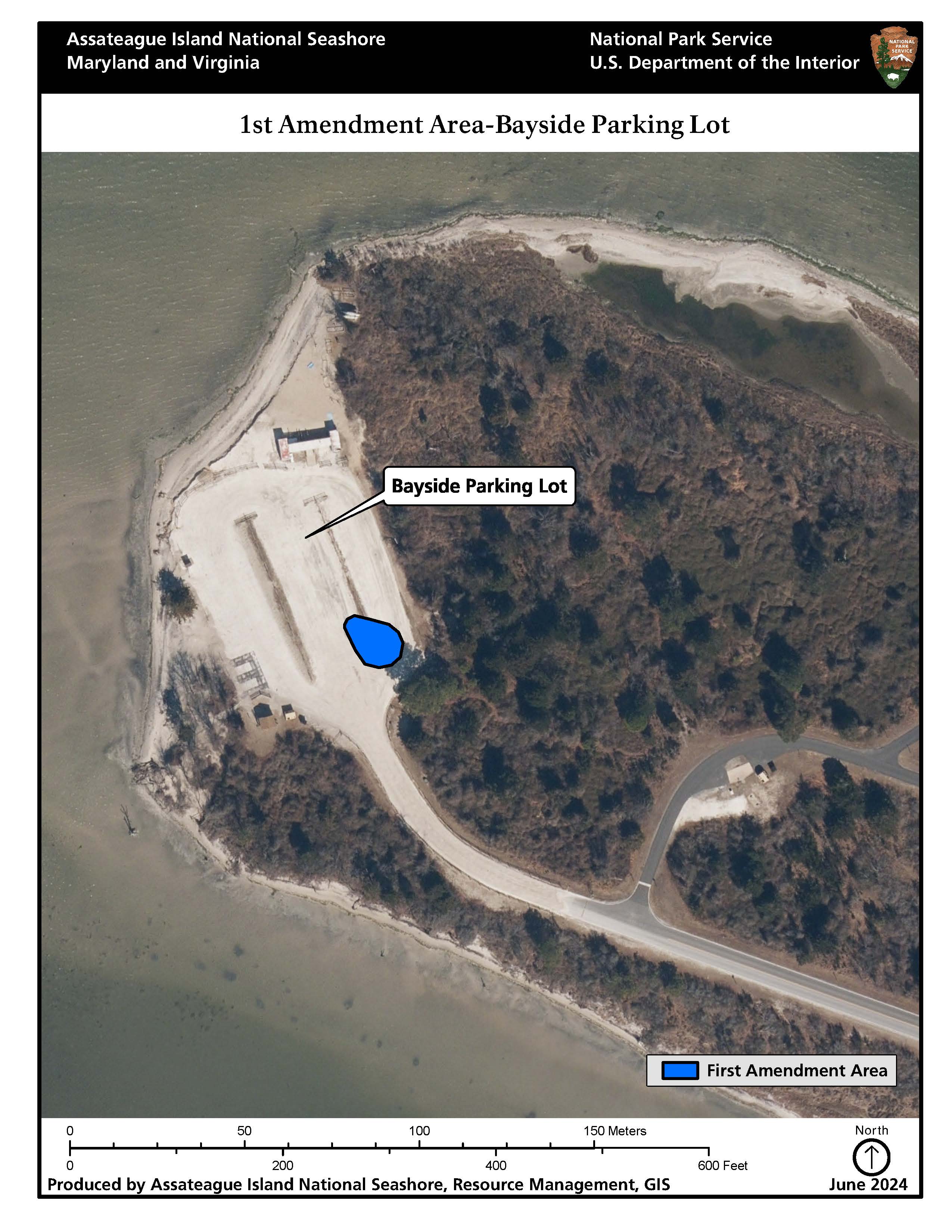The 1st Amendment Area at the Bayside Parking area is located in the southeast corner of the Bayside parking lot as shown in blue.