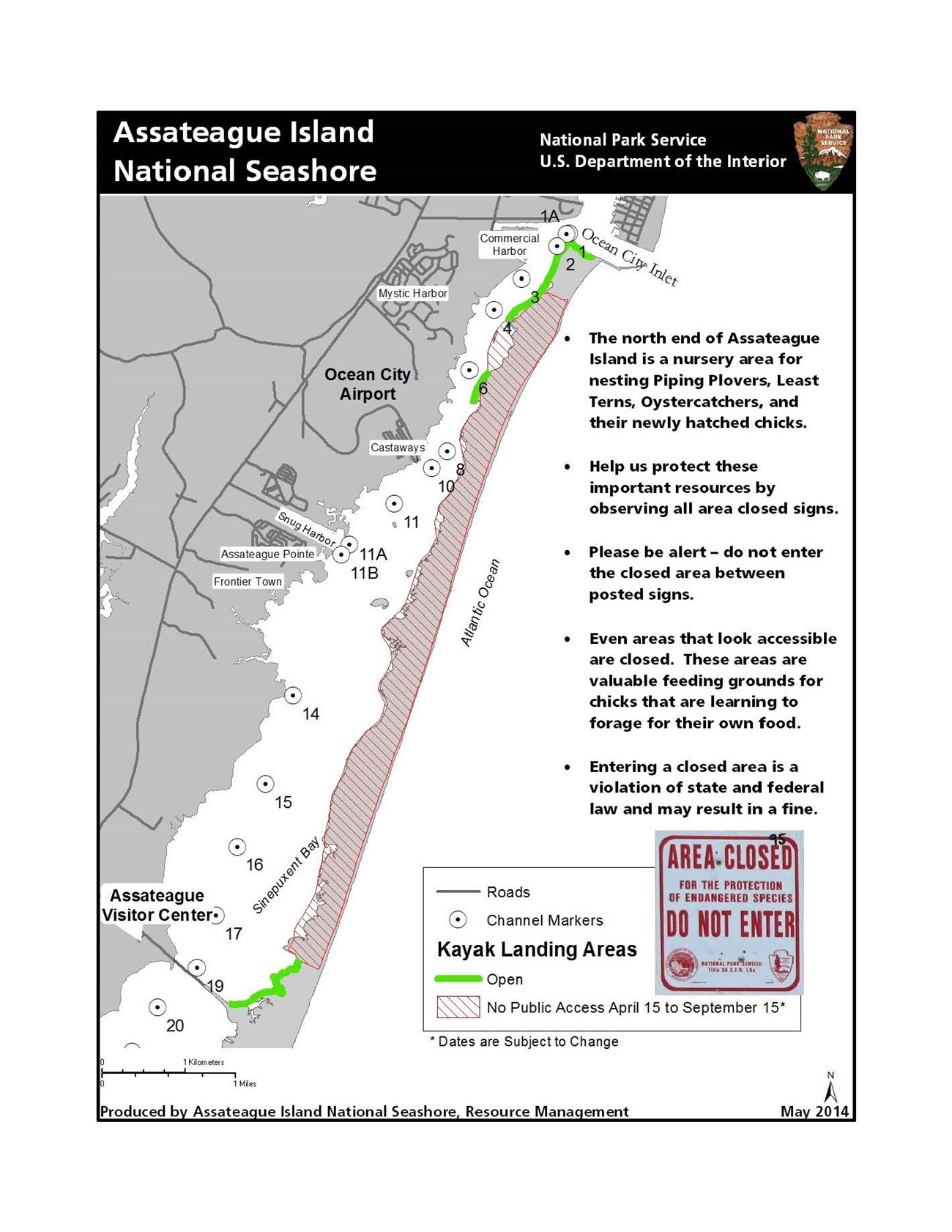 Map showing bayside kayak landing areas north of the Verrazano bridge in the Maryland district of Assateague Island National Seashore