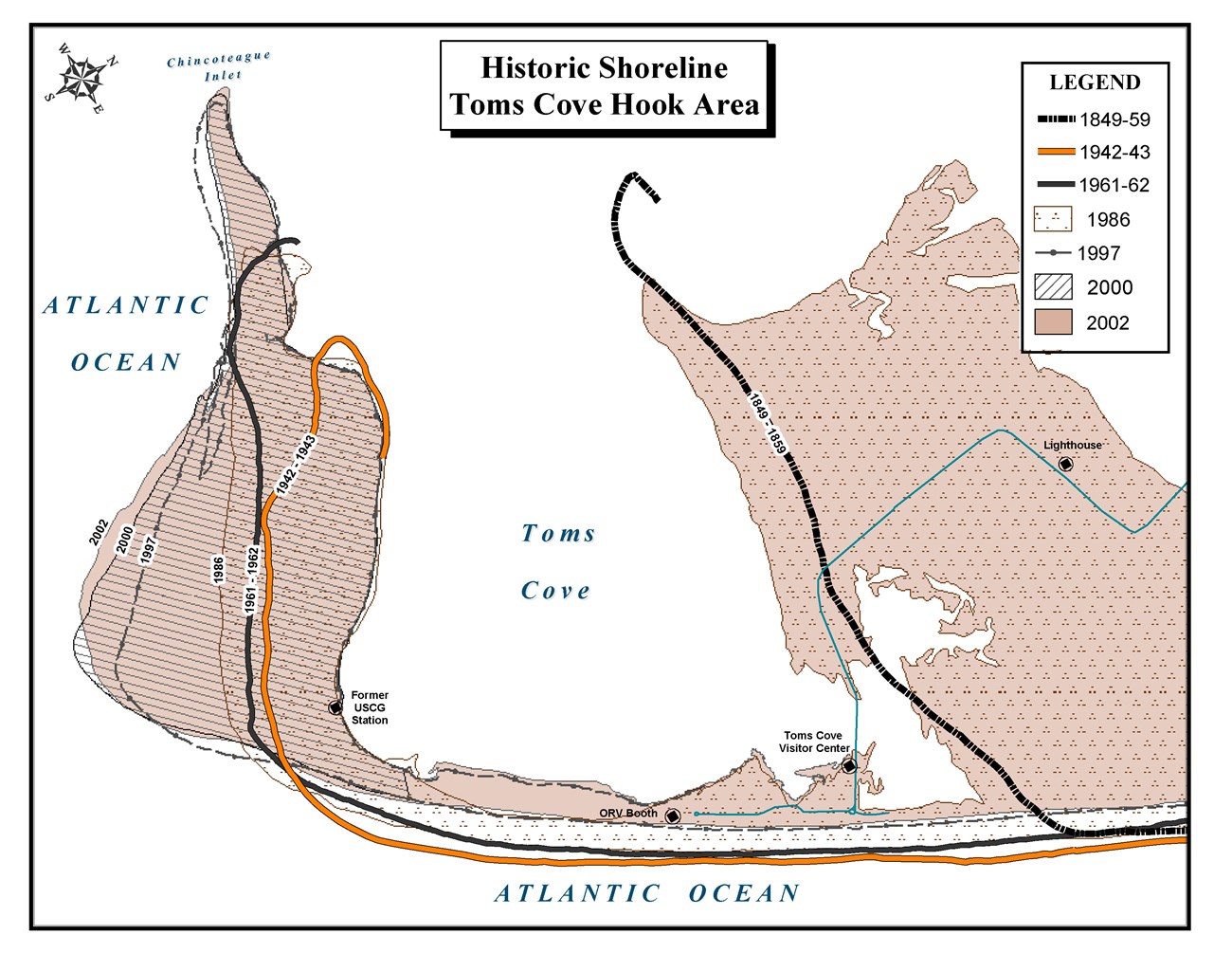 map of historic shorelines at Toms Cove from 1849-2002