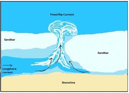Longshore currents run parallel to the beach and are present most days. Seaward or "rip" currents run perpendicular to the beach.