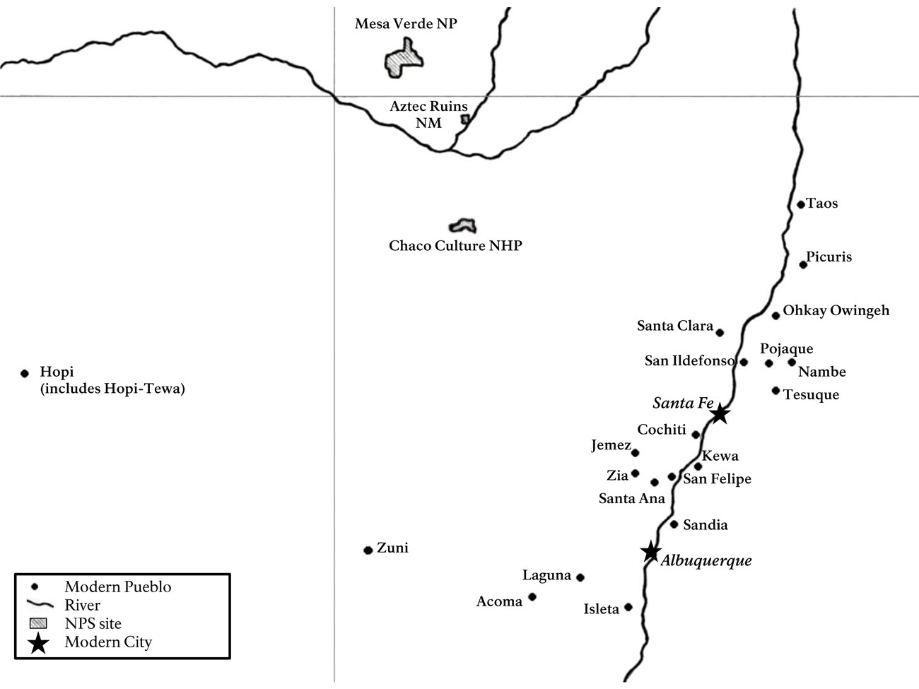 A map showing where the modern Pueblo peoples live.