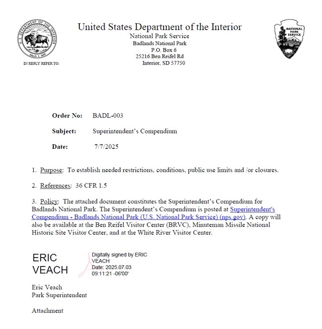 Header Page of Superintendent's Compendium with Superintendent Eric Veach's digital signature. Approval Date 07-03-2025