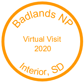 Orange hued passport stamp with text "Badlands NP, Virtual Visit 2020, Interior SD"