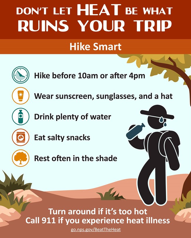 A graphic reading: Don't let heat be what ruins your trip! Hike smart: Hike before 10am or after 4pm; Wear sunscreen, sunglasses, and a hat; Drink plenty of water; Eat salty snacks; Rest often in the shade.