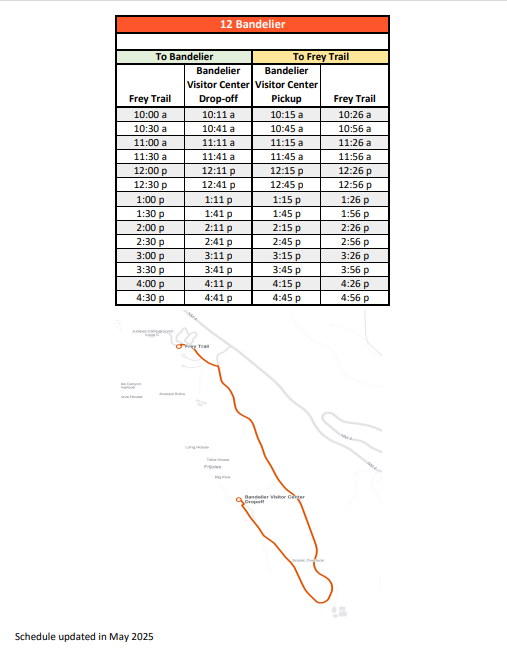 Text describing Bandelier's shuttle service that runs every 10 minutes beginning at 10 am at the Frey Trail Parking Lot.