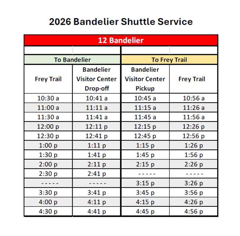A daily schedule of shuttle bus pickup and dropoff at Bandelier.