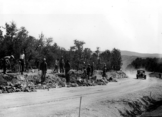 CCC constructing road into Frijoles Canyon
