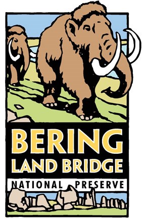 Graphic rendering of woolly mammoths walking on green landscape, with words Bering Land Bridge National Preserve in the middle, gray granite tors create a bottom border.