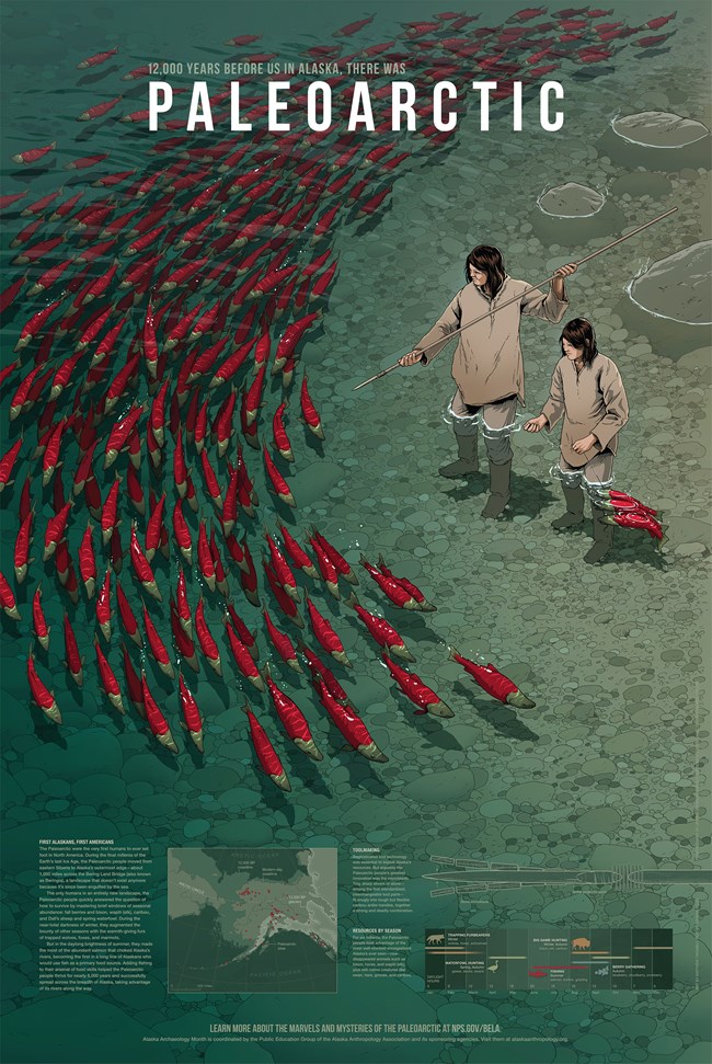 Aerial view of a man and woman spear fishing in river full of salmon.