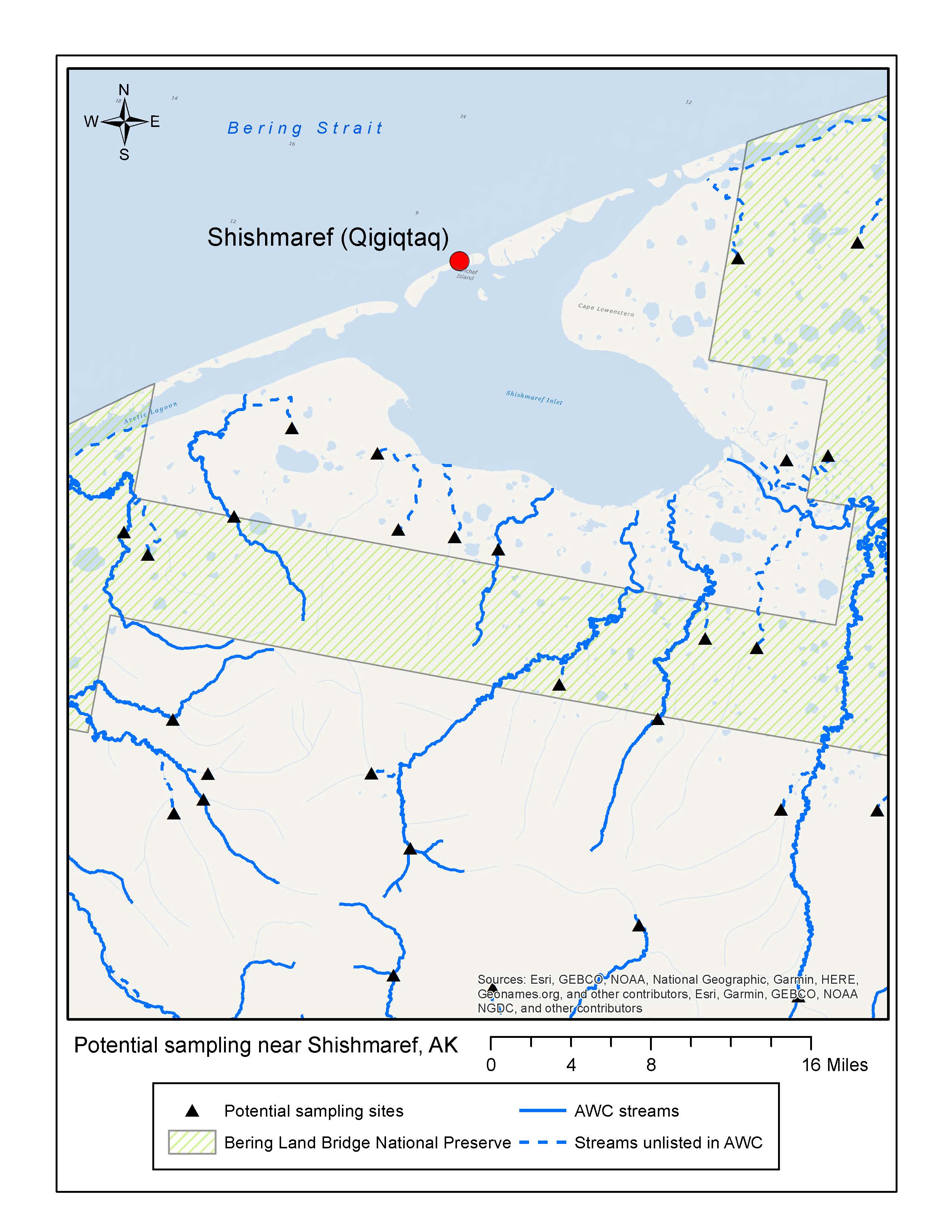 A map of Shishmaref, Shishmaref lagoon and the western edge of Bering Land Bridge National Preserve. Sample sites among various rivers are marked with a small triangle.